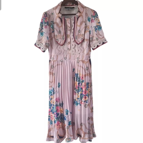 Dalia Macphee Pink Floral Lace Chains Pleated Midi Dress Size M New - Picture 1 of 9